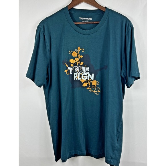 True Religion Men's‎ T-Shirt 2XL Vines Green Yellow Embroidered - Picture 1 of 8